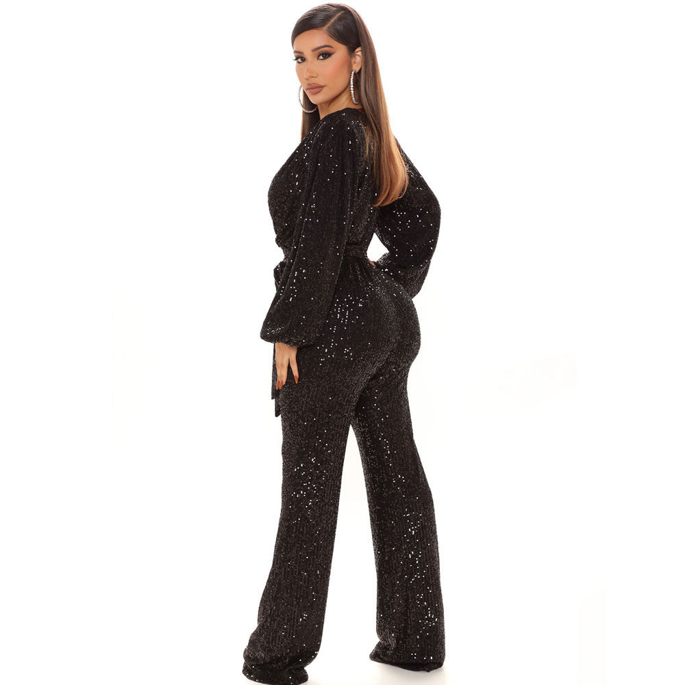 Women's V-neck Sequin Banquet One-piece Wide-leg Trousers