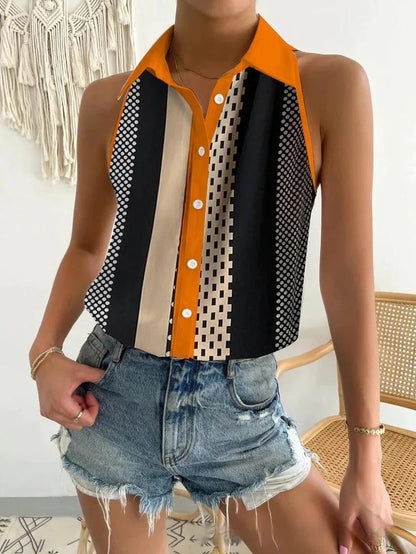 White Fold Collar Sleeveless Shirt