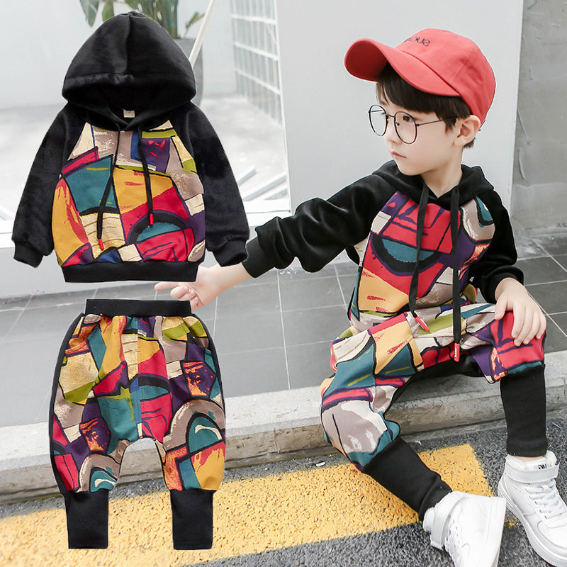 Children's sportswear girl graffiti thick sweater two-piece