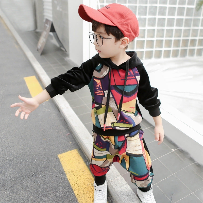 Children's sportswear girl graffiti thick sweater two-piece