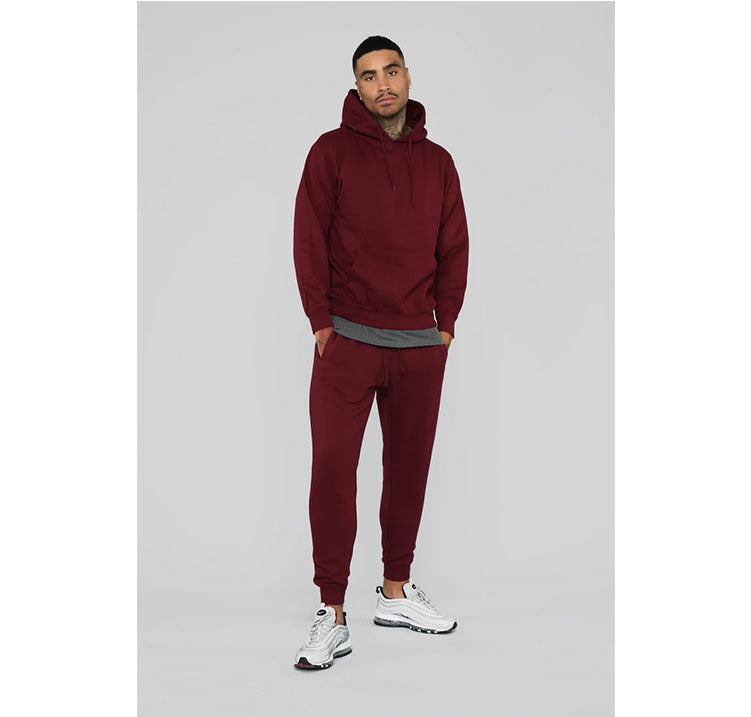 Hooded solid color sweater suit men's casual sports suit