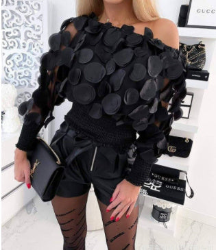 Black Mesh Three-dimensional Flower Off-shoulder Puff Sleeve Top