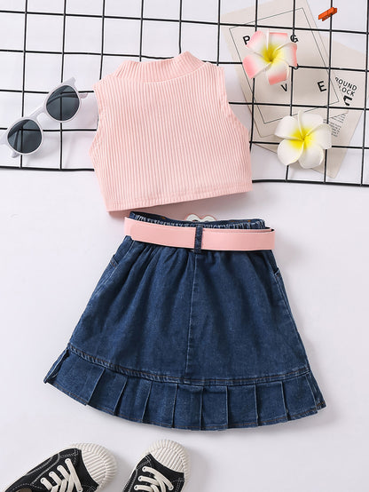 Girls' Solid Color Waistcoat Sleeveless Top Denim Open Bag Pleated Skirt Suit