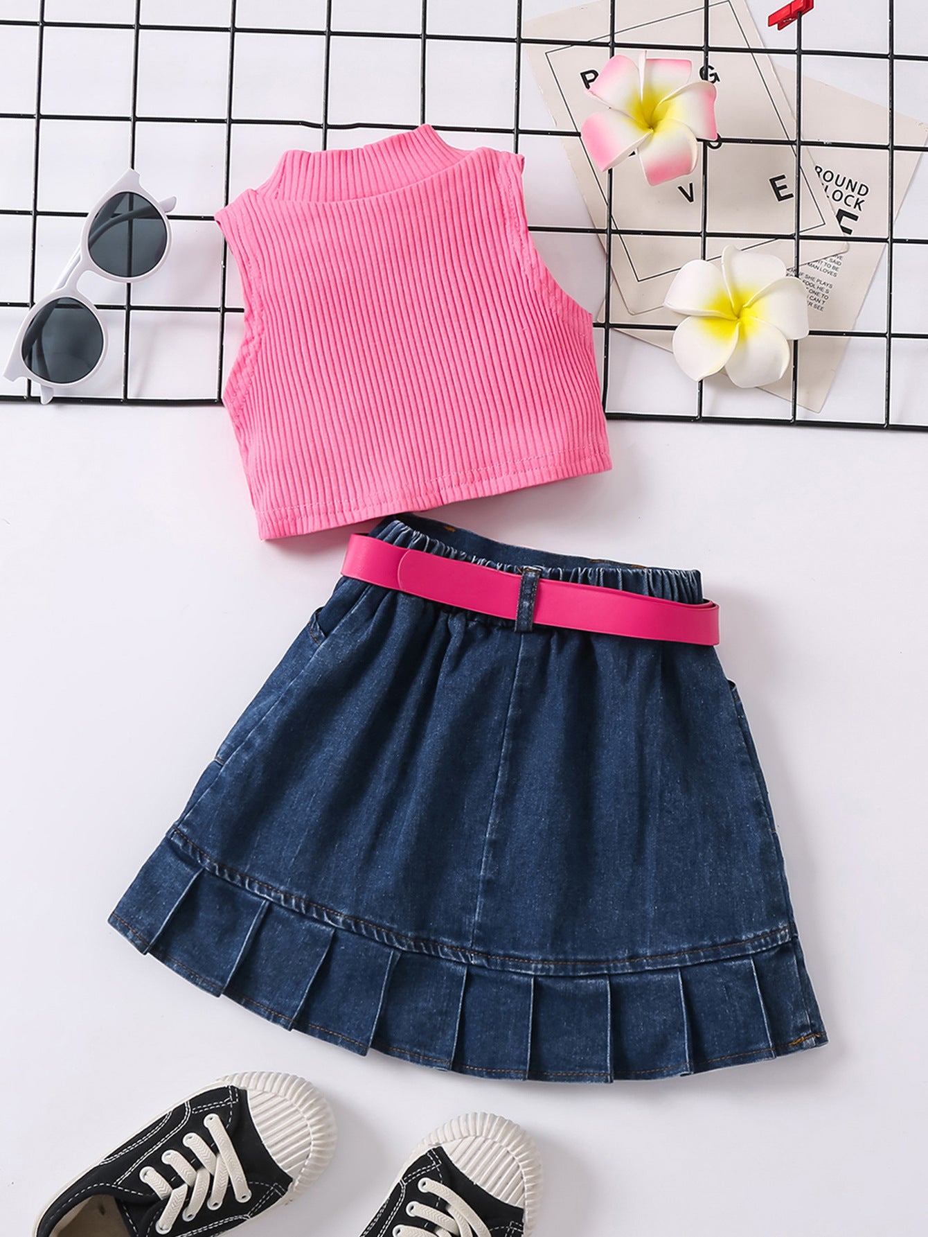 Girls' Solid Color Waistcoat Sleeveless Top Denim Open Bag Pleated Skirt Suit