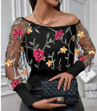 Black Mesh Three-dimensional Flower Off-shoulder Puff Sleeve Top