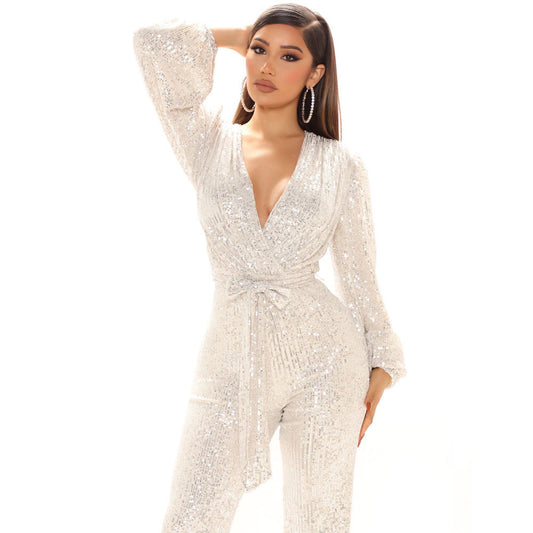 Women's V-neck Sequin Banquet One-piece Wide-leg Trousers