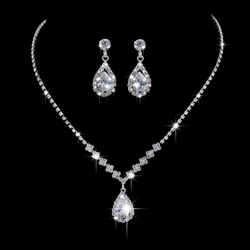 Full Rhinestone Zircon Water Drop Necklace Earrings Jewelry Set