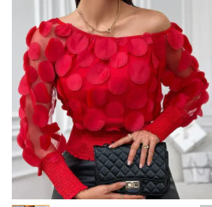 Black Mesh Three-dimensional Flower Off-shoulder Puff Sleeve Top