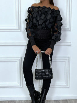 Black Mesh Three-dimensional Flower Off-shoulder Puff Sleeve Top