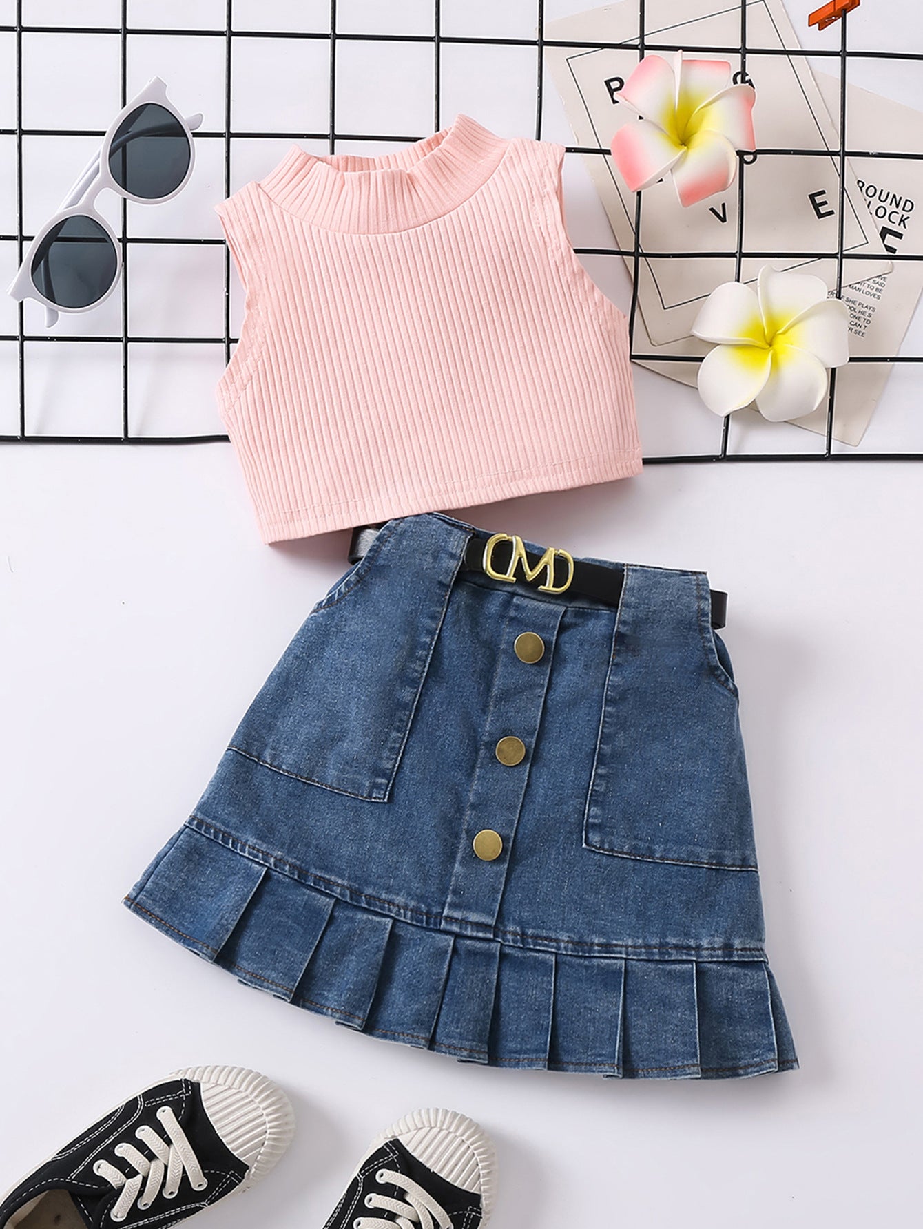 Girls' Solid Color Waistcoat Sleeveless Top Denim Open Bag Pleated Skirt Suit