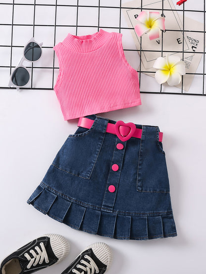 Girls' Solid Color Waistcoat Sleeveless Top Denim Open Bag Pleated Skirt Suit