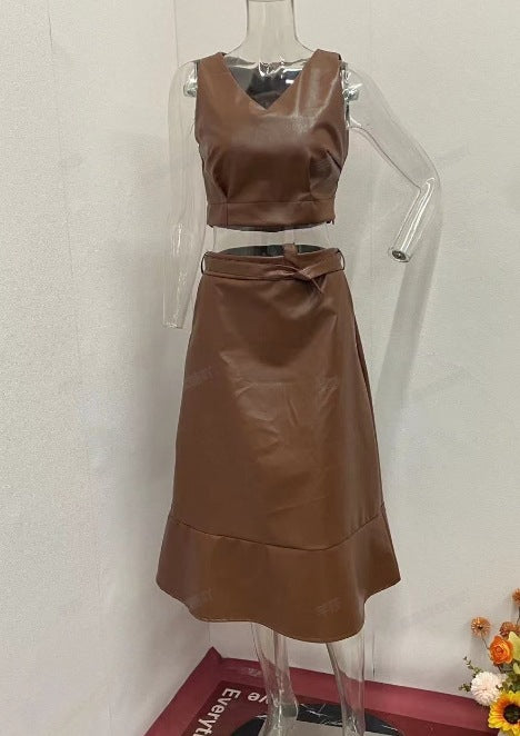 Fashion Leather Sleeveless Midriff-baring Top High Waist Skirt Suit