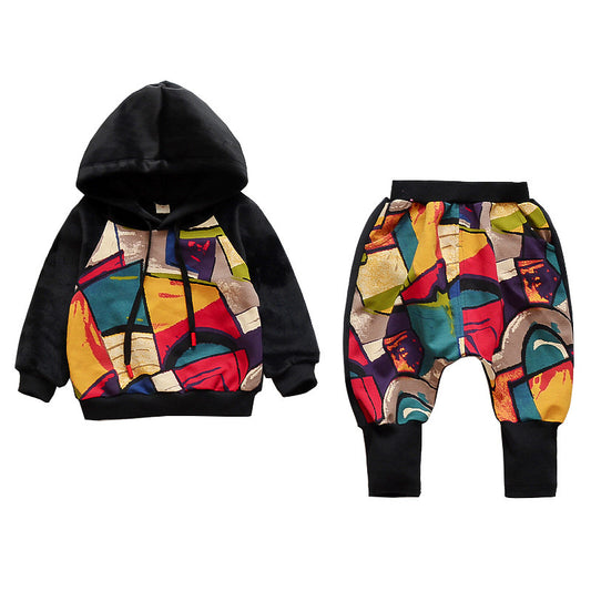 Children's sportswear girl graffiti thick sweater two-piece