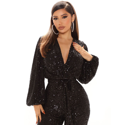 Women's V-neck Sequin Banquet One-piece Wide-leg Trousers