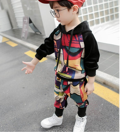 Children's sportswear girl graffiti thick sweater two-piece