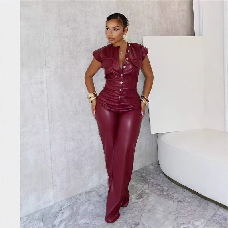 New Women's Trousers Sleeveless Leather Jumpsuit