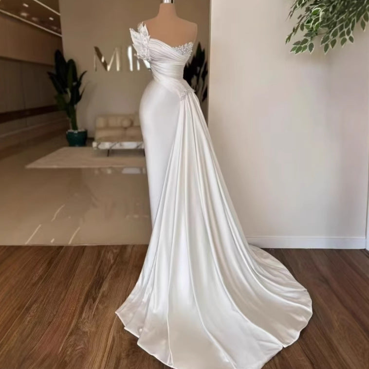 White Graceful Satin Simple Lightweight Wedding Dress Long Dress