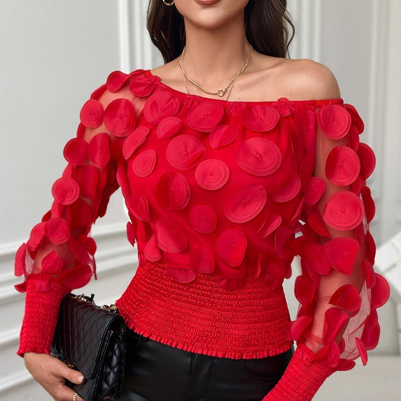 Black Mesh Three-dimensional Flower Off-shoulder Puff Sleeve Top